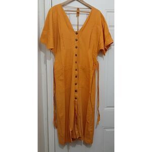 Seafolly womens xlarge mustard yellow linen long maxi dress fit flare lagenlook
